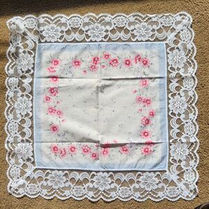 Handkerchief Scarf w Lace Trim Pink Red Blue Floral Square Hanky 23" Square VTG